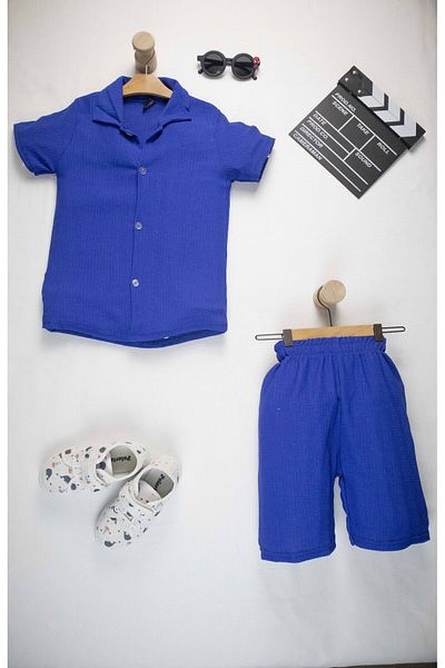 Yalçınoğlu Kids Boy's Summer Suit 3-10 Years Old Shirt Set with Shorts |   Bürümcük Fabric Bottom Top Double Set