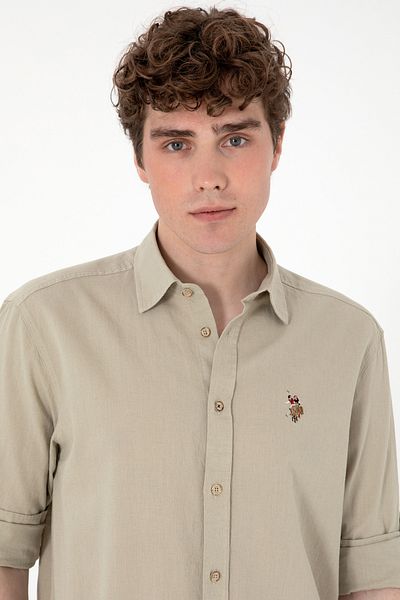 U.S. Polo Assn. Ανδρικό μακρυμάνικο πουκάμισο χακί 50297868 -VR027