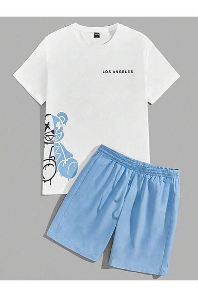 BYMEER pantaloni scurți albaștri cu imprimeu ursuleț pentru copii, tricou alb, set de top