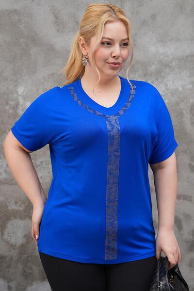 Siyezen Large Size Oversize Blouse with Silver Gold Stone Printed Collar