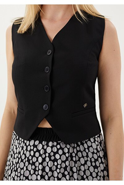 blouzella V-Neck Woven Stylish Black Vest with Belt Detail
