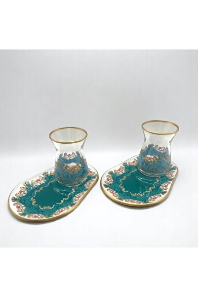 MEVLANA BAZAAR طقم شاي تقديم منقوش لشخصين باللون الفيروزي