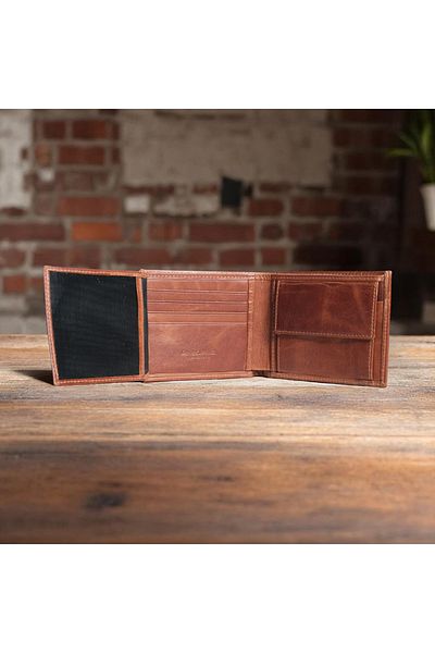 Modica Atlanta - Genuine Leather Classic Tan Men's Black Wallet with Coin Compartment, High-Level Hand Workmanship