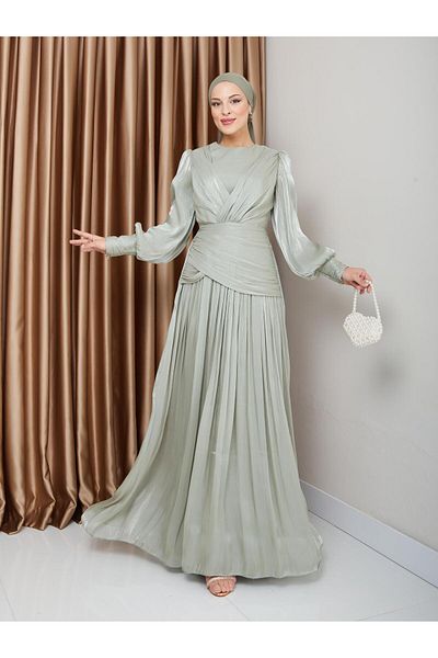 Olcay Hellgrüne Hijab-Abendkleider aus Kristall-Chiffon mit Volant- und Faltenverzierung 1230