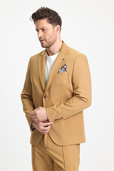 Frappoli Wilson Erkek Camel Pamuk Karışımlı Serin Tutan Yazlık Kumaş Slim Fit Yarım Astarlı Spor Blazer Ceket