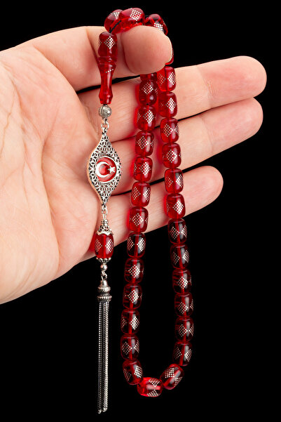 OTTOTESBİH Erkek Gümüş Püskül 8x11mm Çeşm-i Bülbül Gümüş İşlemeli Ateş Kehribar Tespih