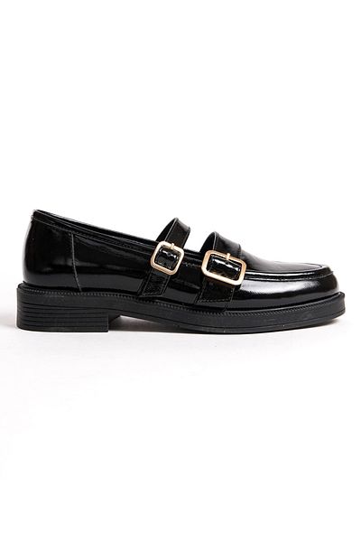 GRADA Black Patent Leather Women's Mary Jane Loafer Shoes Double Strap Buckle Moccasin