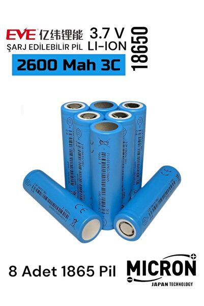 Micron EVE 18650 3.7V (Volt) 2550 MaH 26V Lityum Şarj edilebilir 8 Adet Pil(Batarya) Pil Kutusu Hediyeli