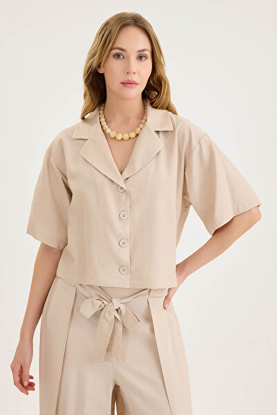 Vitrin Krinkıl Kumaş Kısa Kol Crop Gömlek