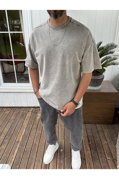 BYBASICMAN Light Gray Washed Stitching Detailed T-Shirt Jj-93