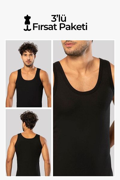 ERDEM İÇ GİYİM Erdem 3-Piece Black Men's Ribbed Undershirt 1110S3