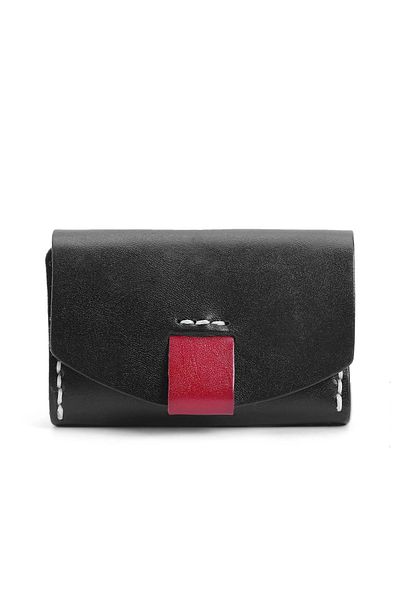 delis Women's Card Holder, Anara Pt1250, Genuine Leather, Black/red