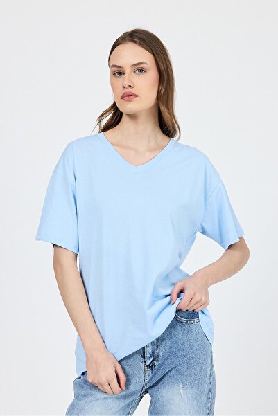 Rays Tricou albastru cu decolteu în V, 100% bumbac, cu potrivire confortabilă...