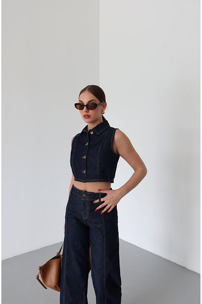 Laluvia Marineblaue Weste mit Kragen, Cimal Pantalon Denim-Anzug 0392