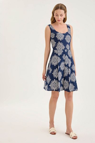 Vitrin Thick Strap Patterned Pleated Mini Dress