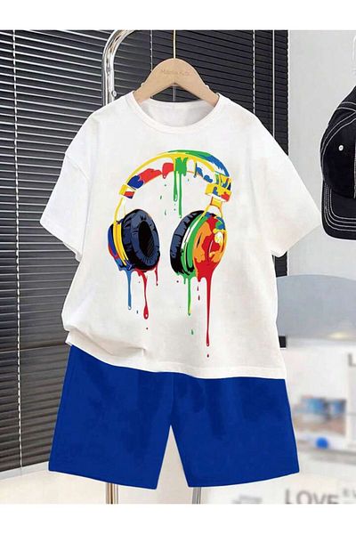 BYMEER set căști colorate pentru copii pantaloni scurți saks imprimați tricou alb set de jos