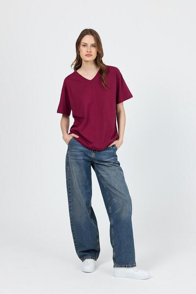 Rays Tricou roșu Claret cu decolteu în V 100% bumbac, cu potrivire confortabi...