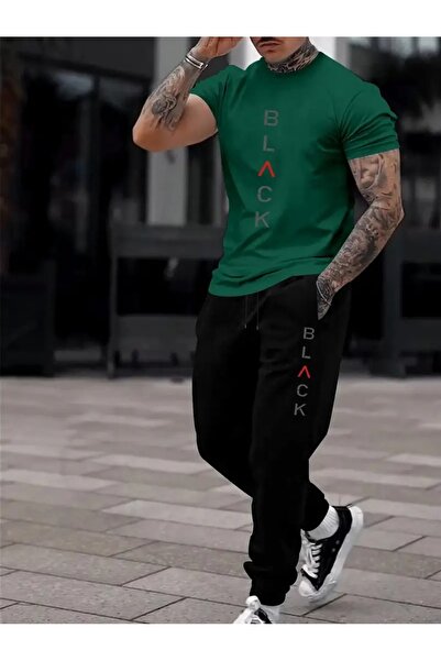 PAVRO طقم بدلة رياضية كبيرة الحجم للرجال طقم بدلة رياضية مطبوعة باللون الأسود