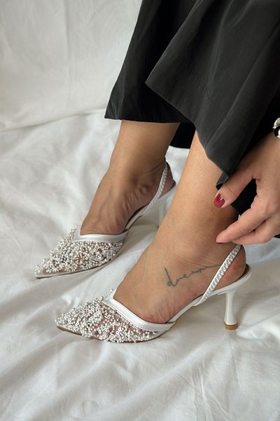 Shoebutik İmre White Stone Detailed Heeled Women's Stiletto
