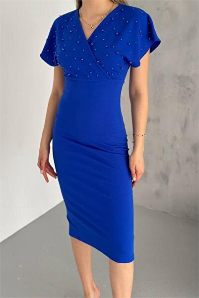 Dipmoda Rochie creion material elastic cu detalii de perle albastre albastru ...