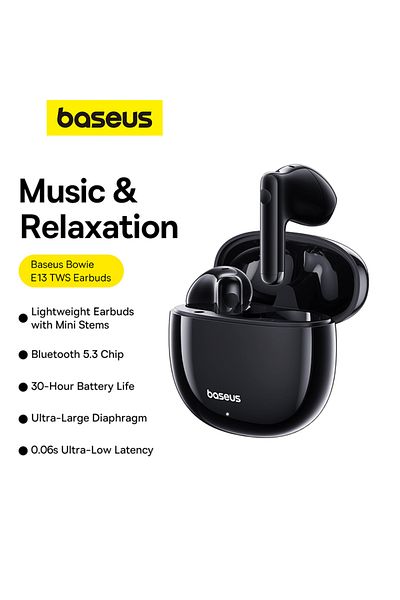 Baseus Bowie E13 Tws Earbuds 12mm Drivers, Bt 5.3, 30h Battery, Low Latency 0.06s - Black