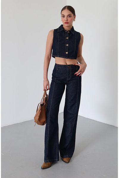 Laluvia Marineblaue Weste mit Kragen, Cimal Pantalon Denim-Anzug 0392