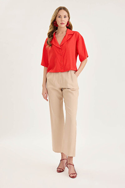 Vitrin Yüksek Bel Dokuma Kumaş Pileli Pantolon