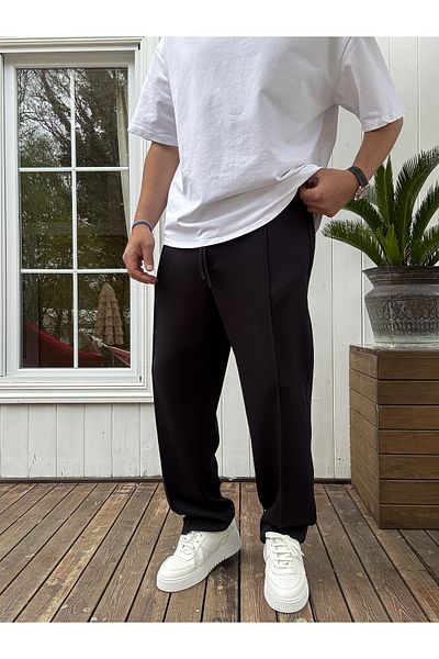 BYBASICMAN Black Stitched Lycra Pipe Leg Sweatpants Ke-7012