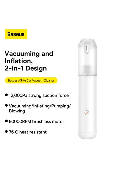 Baseus Baseus A3 Lite Car Vacuum Cleaner 3-in-1 12000Pa Cordless Air Blower, Inflator & Pump - White
