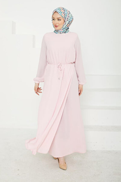 Armine Yırtmaç Detaylı Belden Bağcıklı Şifon Elbise - Açık Pembe