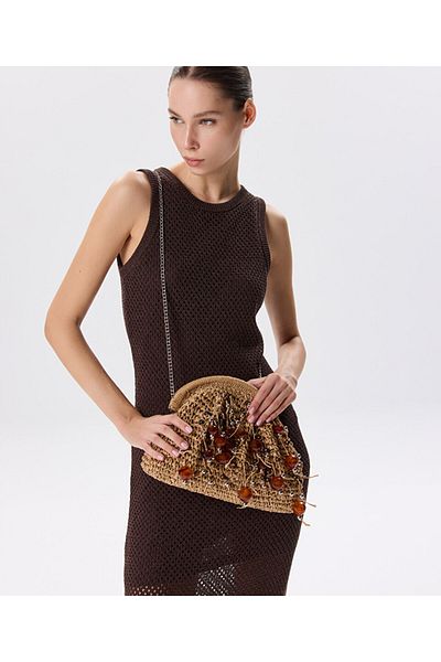 Twist Mixed Beaded Straw Clutch