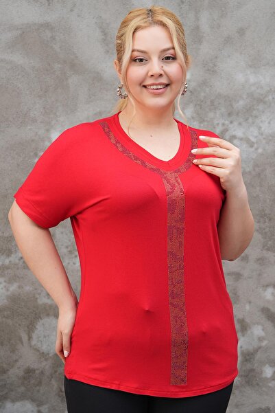 Siyezen Büyük Beden Yakası Gümüş Gold Taş Baskılı Oversize Bluz