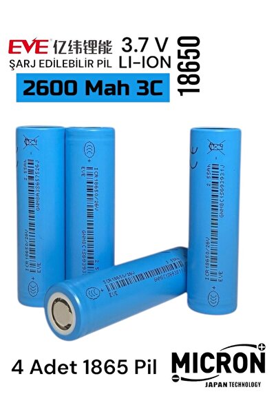 Micron EVE 18650 3.7V (Volt) 2550 MaH 26V Lityum Şarj edilebilir 4 Adet Pil(Batarya) Pil Kutusu Hediyeli