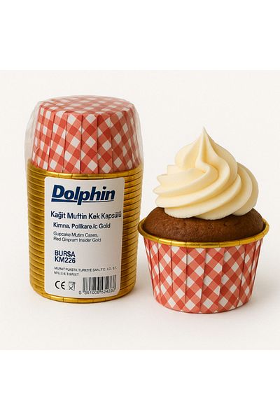 Dolphin Red Gingham Gold Metallic 25-Piece Baking Muffin Cupcake Cake Mold Container Capsule 6.5x4cm