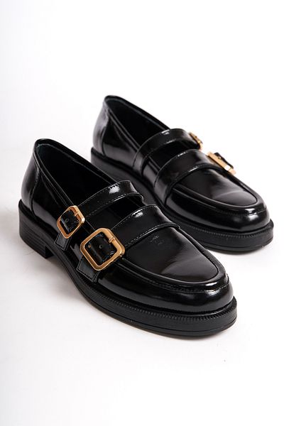 GRADA Black Patent Leather Women's Mary Jane Loafer Shoes Double Strap Buckle Moccasin