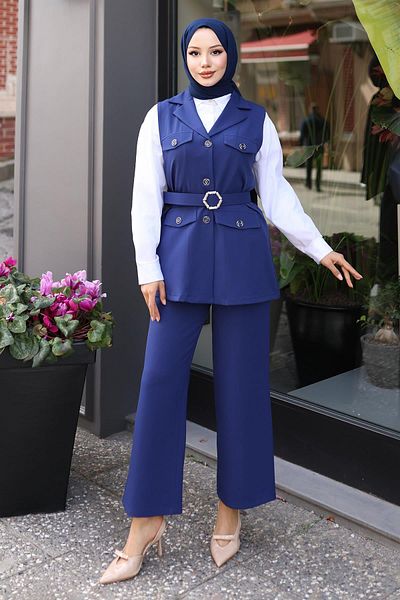Modamihram Detailed Vest Suit - Indigo 19249