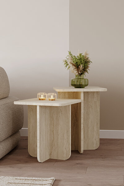 OBİ Atölye Elska 2'li Kare Zigon Sehpa Takımı İskandinav Stili Yan Sehpa - Traverten