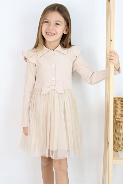 Breeze Beige Girls' Dress - Long Sleeve, Button and Bow, 3-8 Years