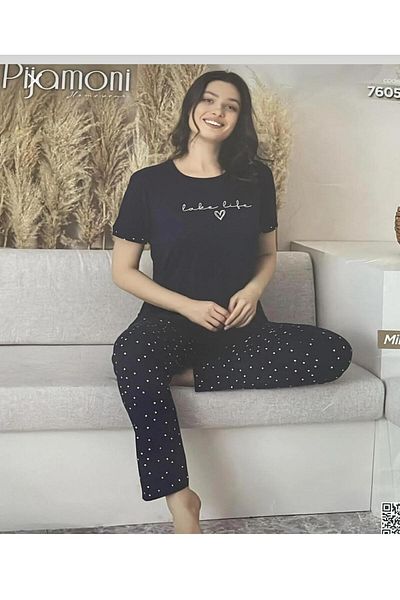 Pijamoni Pajama Set for Summer with Dark Blue and White Dots Evaemq