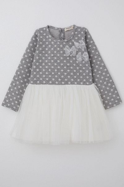 Breeze Girl's Long Sleeve Dress Tulle with Bow 1.5-5 Years, Light Gray Melange