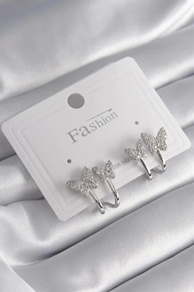 Clariss Brass Silver Color Zircon Stone Butterfly Model Women's Earrings