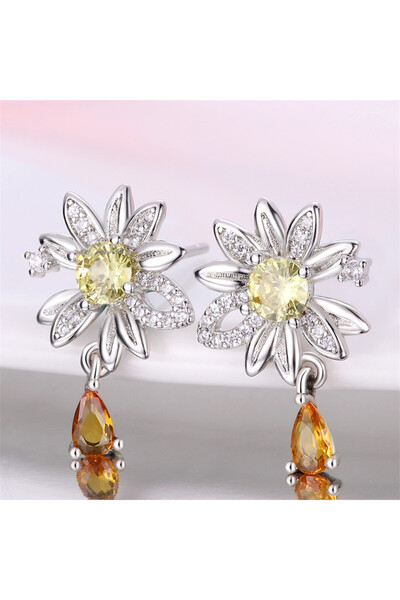 delis 925 Silver Flower Stud Earrings, with Zirconium, Rhodium Plated, Floral Jewelry, Women's Gift