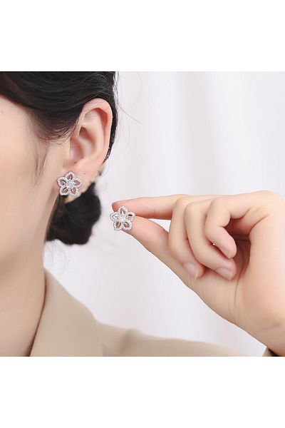 delis Cercei Argint 925, Jw806, Model Floare Zirconiu Alb, Placati Cu Rodiu