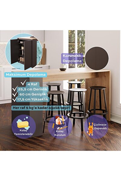 Bimossa Edgar L4820 Mutfak Adası Bar Masası 160 Cm Antrasit Ahşap Üst Depolamalı Çok Amaçlı Oturmalı Masa