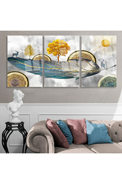 TAULART 3 Lü Harika Doğa Tasarımı Gold Detaylı Cam Tablo Parçalı Tasarım Ev H...