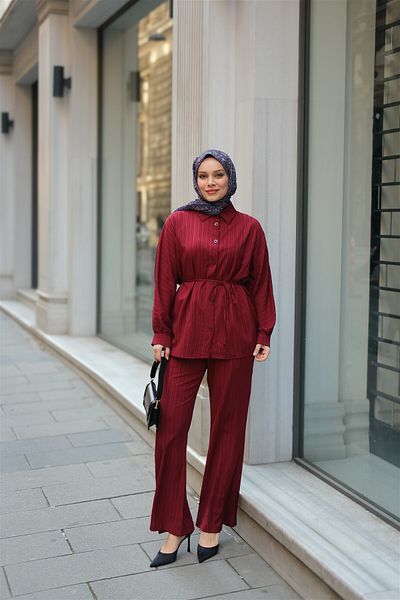 LOCCO Women's Crinkle Fabric Waist Tie Suit Claret Red