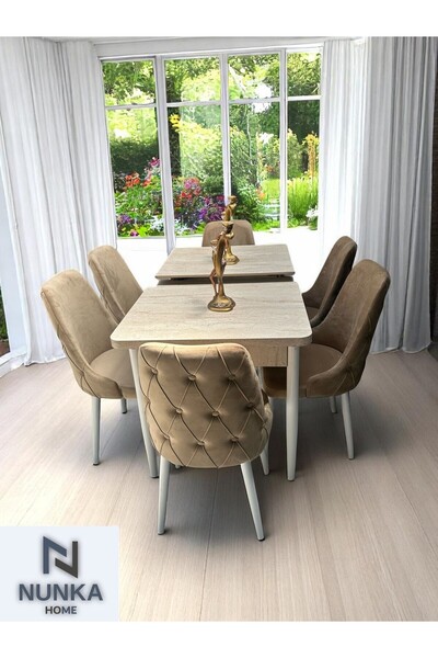 NUNKA HOME Kelebek Traverten Masa Takımı + 6 lı Cappuccino Baby Face Sandalye Modern Yemek Odası Seti