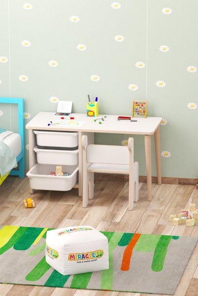 MİRACLE 3D Çocuk Masa Sandalye Takımı-3 Sepetli Çocuk Çalışma, Aktivite Masası Yaz-sil Dino 1 Adet Sandalye