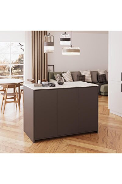 Bimossa Miro L4530 Raflı Dolaplı Çok Amaçlı Mutfak Masası Modern Mutfak Adası Yemek Masası AntrasitCarrara