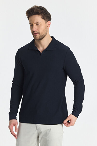 Frappoli Volex Чоловічий поло з коміром, темно-синій, облягаючий, з довгими рукавами - 100% бавовна, комір з деталями
